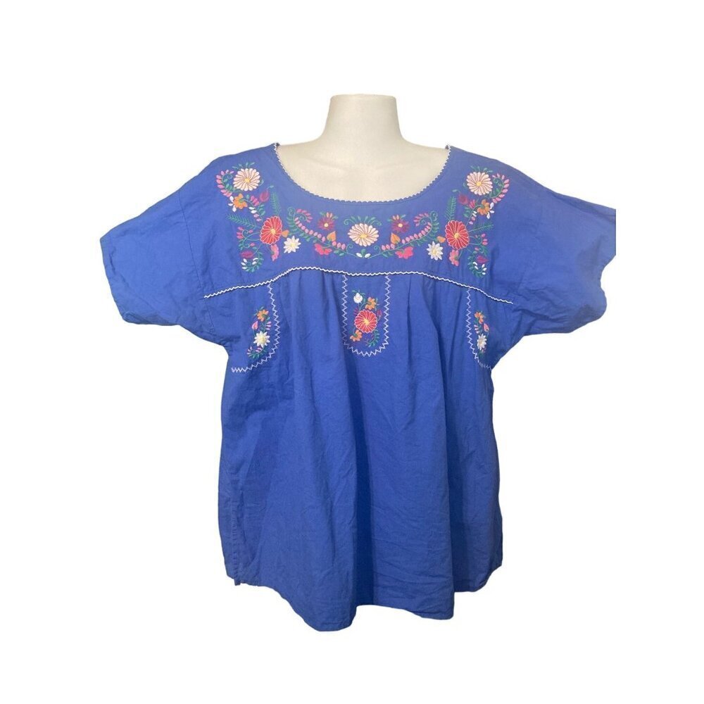 Unik Blue Embroidered Short Sleeve Cotton Puebla Boho Top Blouse Women's XL VGC